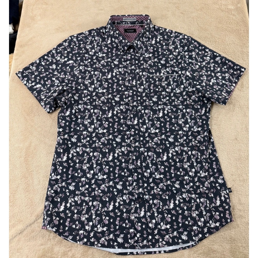 7 Diamonds 4 way stretch Shirt Men Size Large AOP black floral shorts sleeve EUC